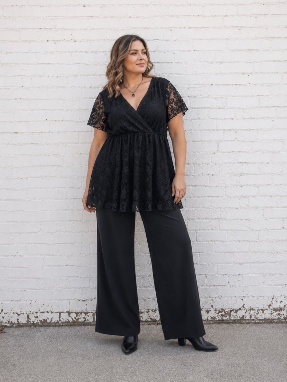 Y2K Black Floral Lace Babydoll Tunic Top Faux Wrap Whimsigoth 1X/2X